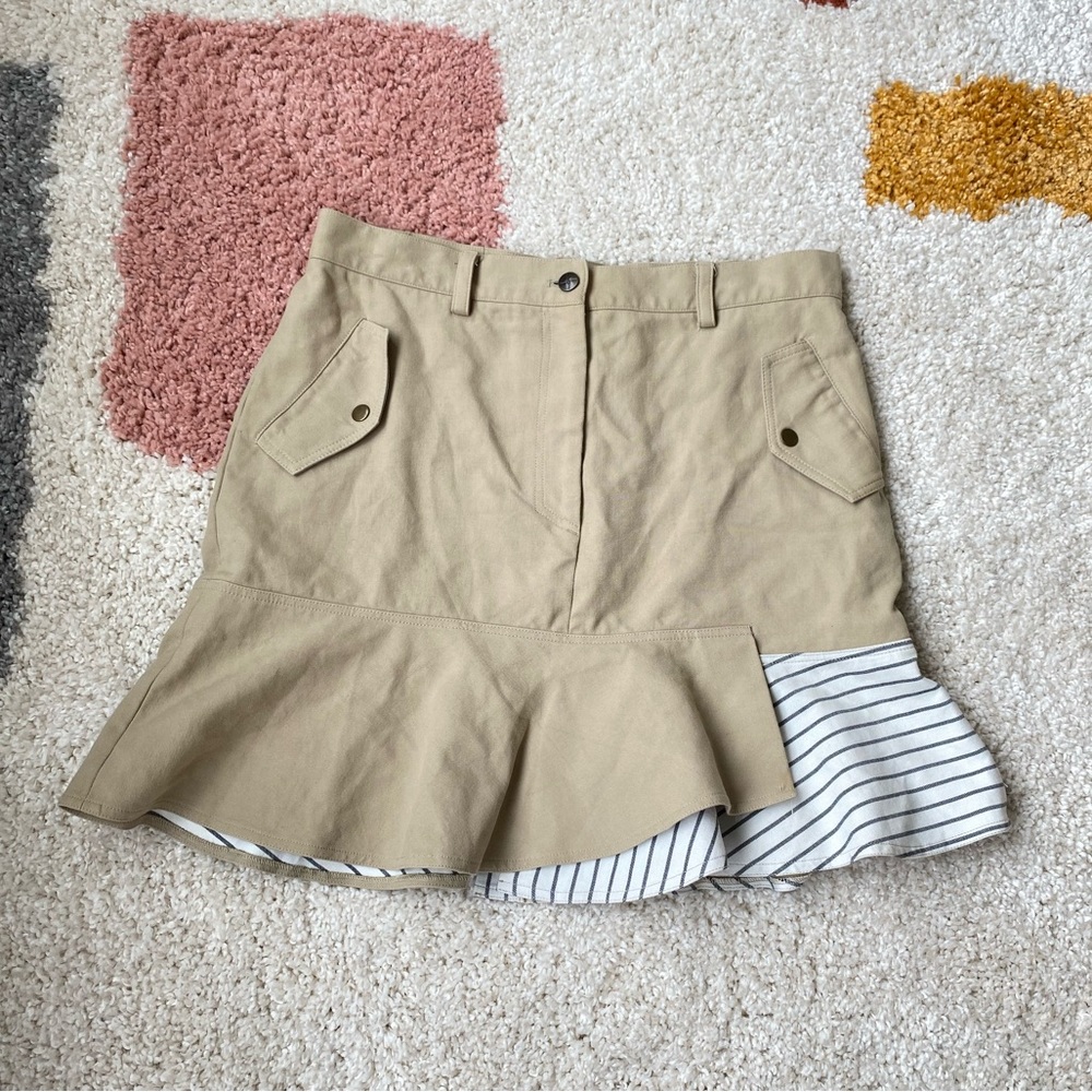 Nicole Miller Striped Khaki Skirt With Ruffle Hem Size 12